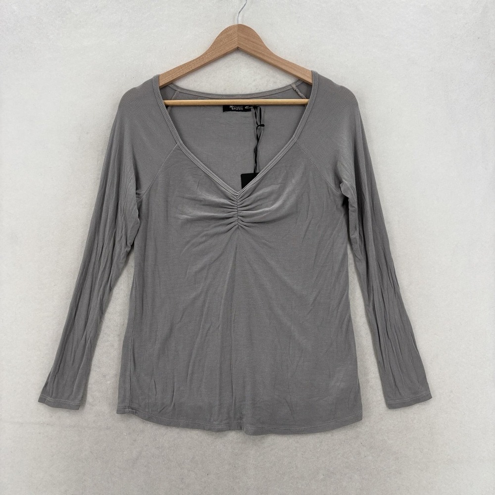 Michael Lauren Shirt Womens Medium Gray Ruched V Neck Long Sleeve Jersey Top